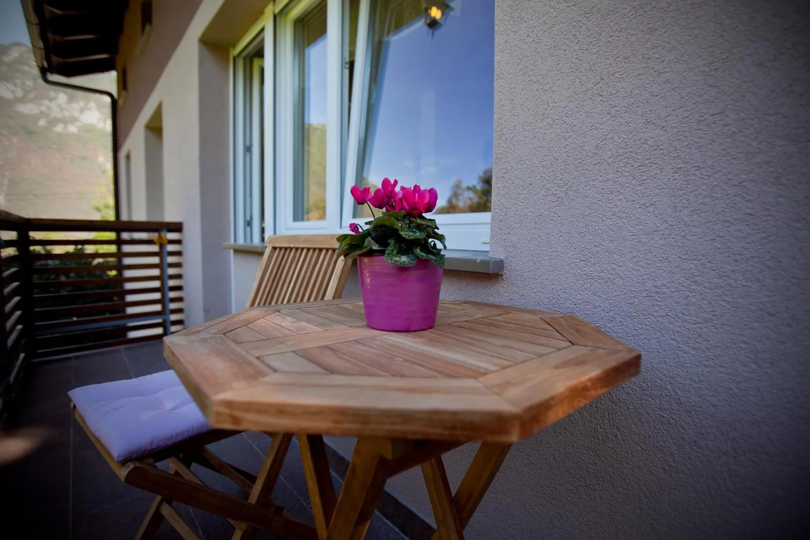 Apartma 80: lesena mizica z rožami na balkonu